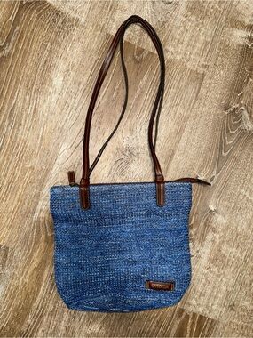 Strata Blue Woven Shoulder Tote with Brown Trim